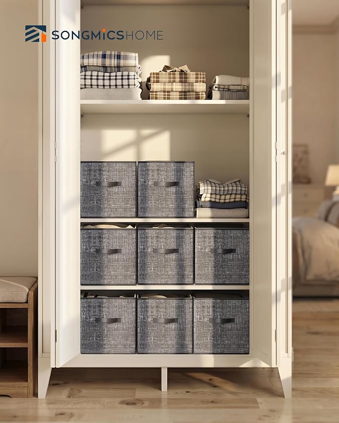 SONGMICS HOME Foldable Storage Cubes Set of 8, Fabric Shelf Organizer Bins with Handles, Closet Storage Boxes for Clothes, 13.2 x 13.2 x 13.2 Inches, Gray