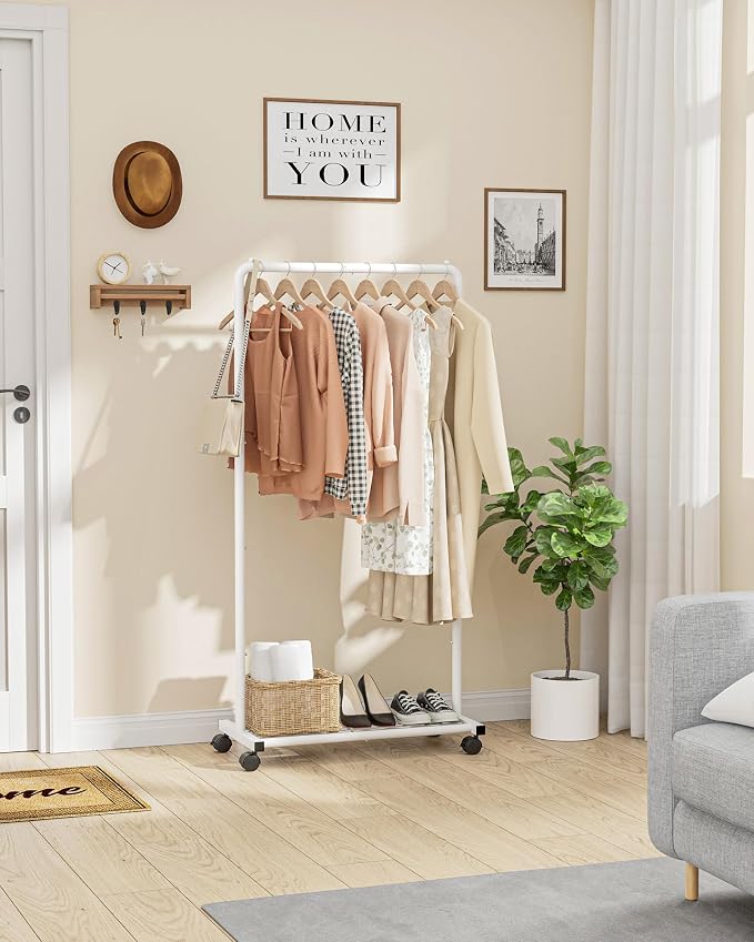 Sakugi Clothes Rack - Clothing Rack with Storage Mesh Shelf & Casters, Heavy-Duty Metal Clothing Rack for Hanging Clothes, Dresses, Coats, Large Load Capacity, Easy Assembly, White, 28.0"x16.9"x59.0"