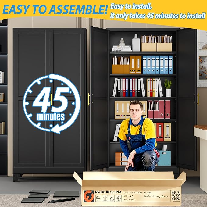 PAOFIN Metal Tall Storage Cabinet with 2 Doors and 5 Adjustable Shelves, 75" Metal Garage Storage Cabinets, File Cabinet,Steel Tool Cabinets for Home,Office,Garage,School,Warehouse (Black)
