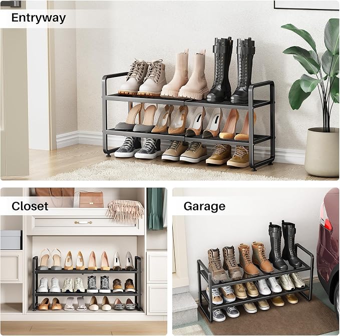 Expandable Metal Shoe Rack for Closet, Entryway & Garage, 2-Tier, Black | Adjustable Height for Boots, Stackable Design, Dense Mesh Shelves for Heels, Fits Small Spaces, Apartments and Rentals