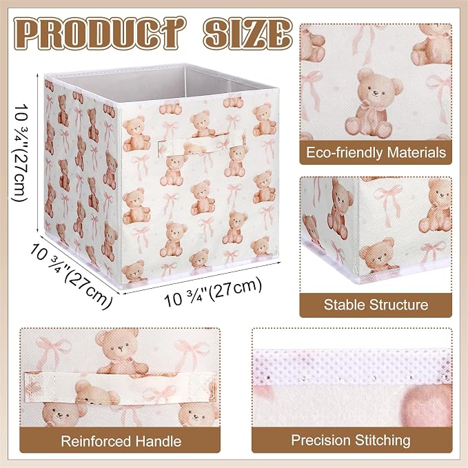 6 Pcs Pink Bow Teddy Bear Cube Storage Bins 11 Inch Storage Basket with Handle, Preppy Girls Organizer Basket, Collapsible Fabric Box for Classroom Bedrooms Office Home Decoration Gift