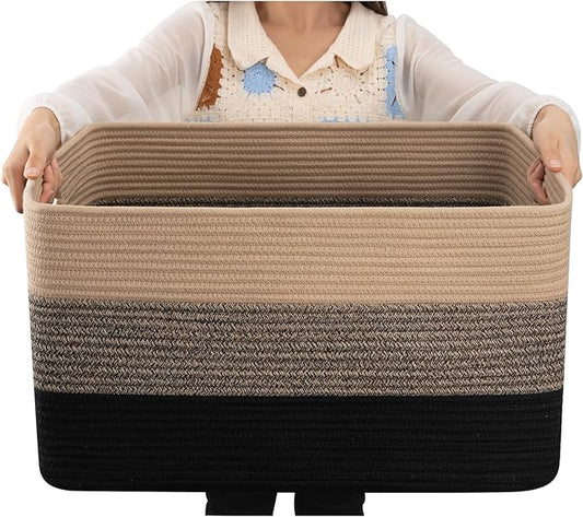 OIAHOMY Large Blanket Basket, 22”x17”x12” Rectangle Woven Baskets, Nursery Blanket Storage Living Room, Toy Storage With Handle, Large Baskets for Organizing-Yellow Black