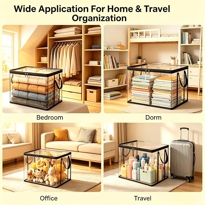 Clear Thin PVC Storage Bags - Lightweight Foldable Storage Bins with Hinged Lid & Handles, Reusable Clear Closet Organizer Containers for Clothes, Blankets, Textbooks, Toys, Travel