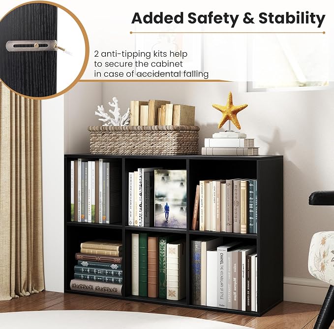 Giantex 6-Cube Bookcase, 3-Tier Cubby Bookshelf, Horizontal Vertical Display Rack with Anti-Tipping Kits, Modern Storage Organizer Shelf Unit for Bedroom, Living Room, Study Room, Black | Horizontal Vertical Display Rack with Anti-Tipping Kits, Modern ...