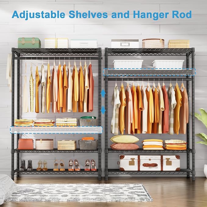 Ulif H4 Plus Portable Closets, 4-Tier Clothes Garment Rack for Bedroom | Heavy-Duty Metal Clothing Storage and Organizer Wardrobe System for Cloakroom, 45"W x 14"D x 76.4"H, Load 522lbs, Black