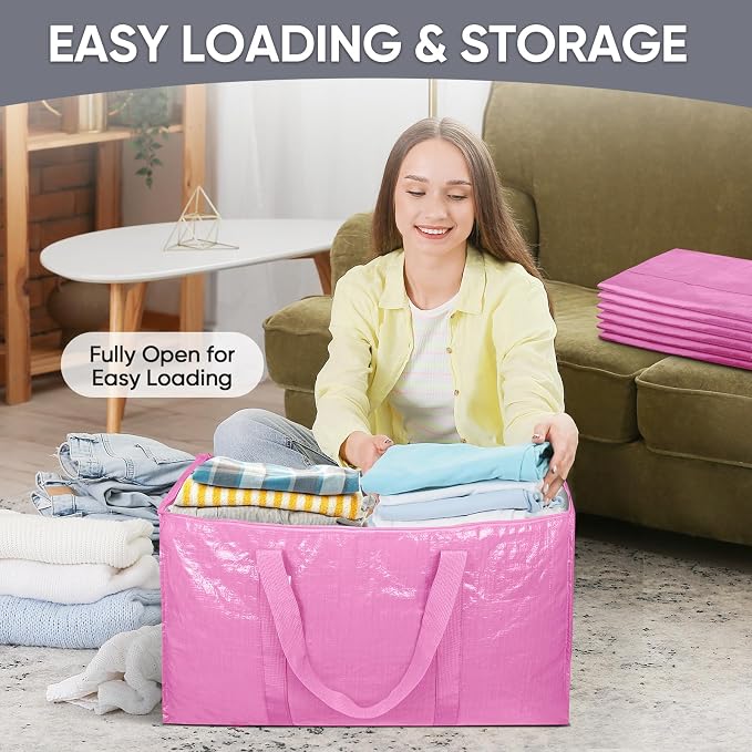 TICONN 4 Pack Extra Large Moving Bags Heavy Duty with Zippers & Carrying Handles, Durable Storage Bags Moving Boxes for Closet Organizers and Storage (4 Pack, Pink)