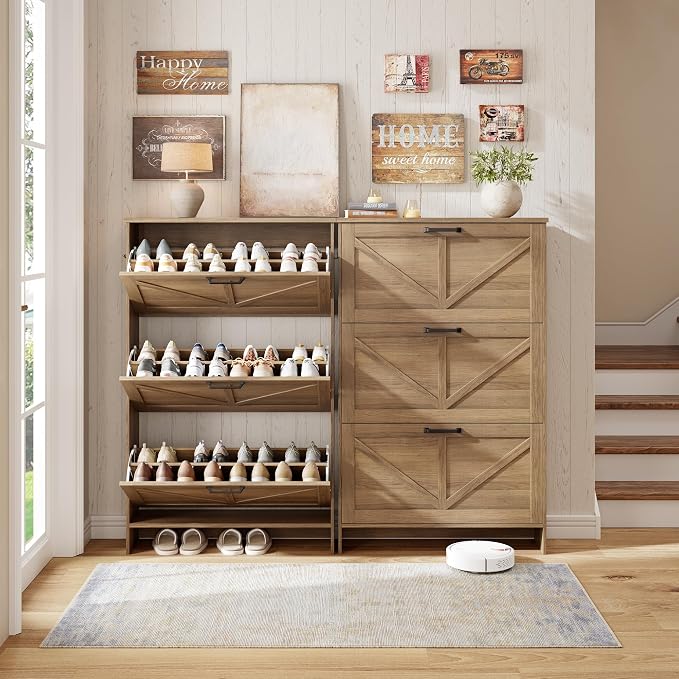 Nicetree 3-Drawer Flip Shoe Storage Tower – Slim-Profile Freestanding Rack with Adjustable 3-Tier Shelving, Rustic Shaker Barn Door Style, and Warm Caramel Finish – Compact Boot & Shoe Organizer