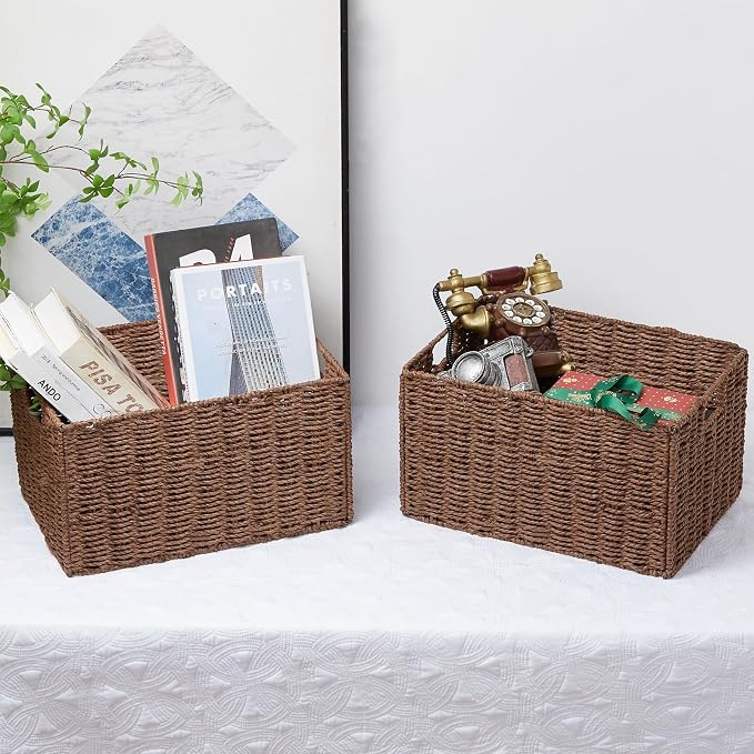Vagusicc Wicker Storage Basket, Set of 2 Hand-Woven Paper Rope Wicker Basket, Small Storage Baskets for Organizing Toilet Paper, Foldable Large Cube Storage Organizer Baskets Bin for Shelves (Brown)