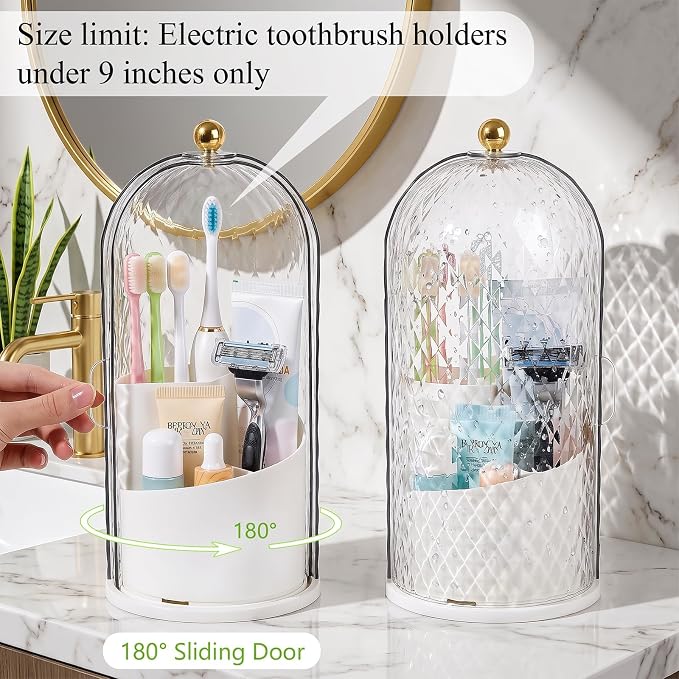 Toothbrush Holder with Cover for Bathroom Countertop, Organizer, White | Rotating 3 Slot Holder for Electric Toothbrushes, Toothpaste, Self Draining Vanity Organizer, Makeup Brush Storage