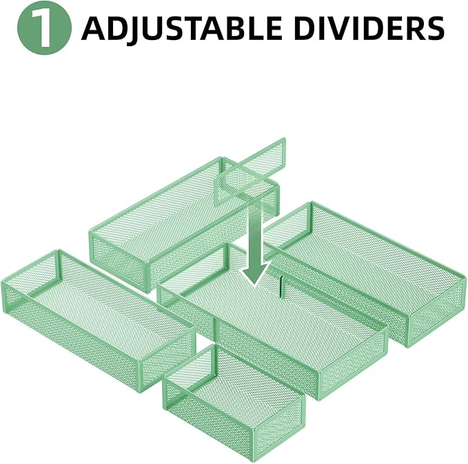 Marbrasse 5 Pack Desk Drawer Organizer Set, Mesh Drawer Storage Trays with 1 Adjustable Divider, Desk Organizers and Accessories, 5 PCS Drawer for Office Supplies, Makeup & Vanity (Green)