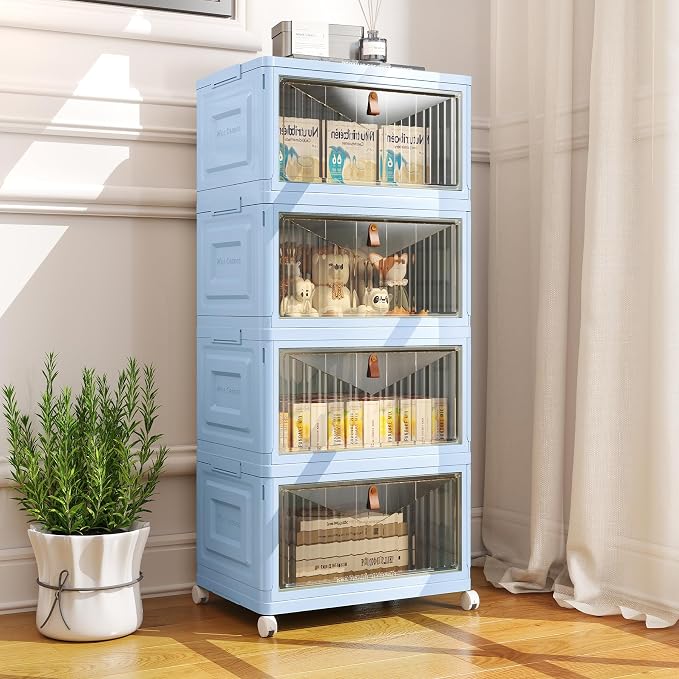 4 Tier Stackable Plastic Storage Bins with Lid and Wheels - 23 QT Closet Organizers and Storage, Foldable Storage Containers, Organization and Storage Boxes for Craft, Home, Pantry, Dorm, Blue