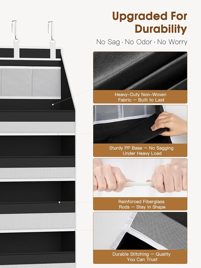 Criusia Over the Door Organizer, Heavy-Duty 6-Shelf Hanging Storage with 13 Mesh Pockets, 55lbs Capacity Behind the Door Storage for Nursery, Bathroom, Bedroom, and Dorm, Black