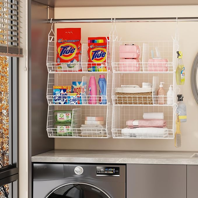 6 Tier Extra Large Hanging Closet Organizer, Closet Storage Hanging with Dividers, Wire Closet Shelf with 5 S Hooks 4 Dividers,Sweater Handbag Hat Accessory Storage Hanger,White