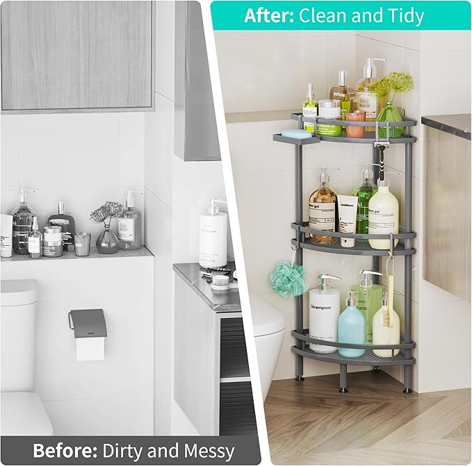 HapiRm Standing Corner Shower Caddy - 3 Tier Shower Organizer Corner with Soap Holder and 4 Hooks, Rustproof Bathroom Storage Shelves with Adhesives, Grey