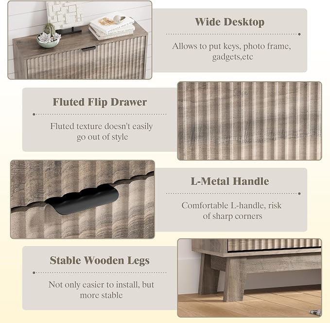 HUANLEGO Shoe Cabinet Storage for Entryway with 2 Flip Drawers, Fluted Narrow Shoe Organizer with Wooden Legs, Freestanding Slim Shoe Storage Hidden Shoe Rack Organizer for Front Door Entrance, Grey