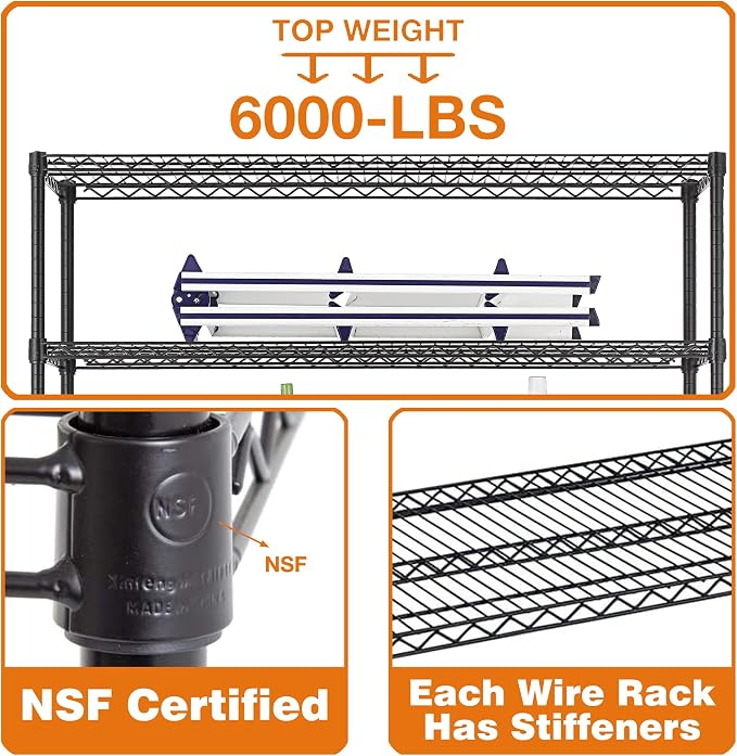 BestOffice Storage Shelves 6 Tier Metal Shelves Adjustable Heavy Duty Garage Shelving Wire Shelving Unit Capacity 6000LBS with Wheels for Kitchen, Garage Pantry Closet Commercial,Black