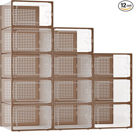 Kuject X-Large Shoe Storage Boxes 12 Pack, Clear Stackable Shoe Organizer | Shoe Case for Closet, Entryway & Under-Bed Storage, Drop-Front Design, Space-Saving Solution for Family Organization,Brown