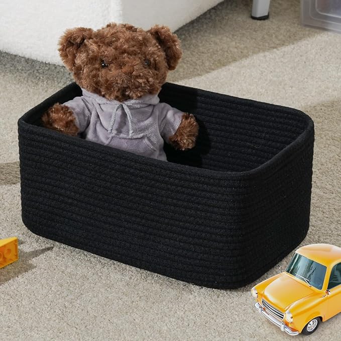 3-Pack Storage Baskets for Organizing | Woven Shelf Toy Basket | Rope Baskets for Gifts Empty | Closet Organizer Bins with Handles | Cube Decorative Box | 13.7×7.1×6.7” | Mixed Black