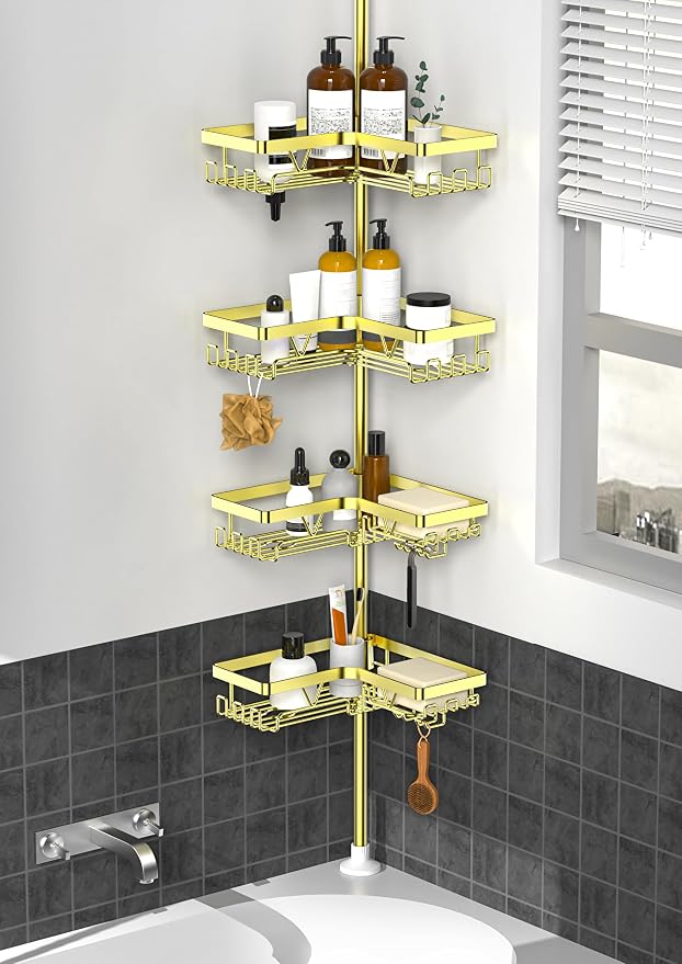 KEGII Corner Shower Caddy Tension Pole, Bathroom Storage Rack, Gold | Stainless Steel 4-Tier Shower Shelf with Hooks and Soap Holder, Waterproof Rustproof Organizer for Renters and Families