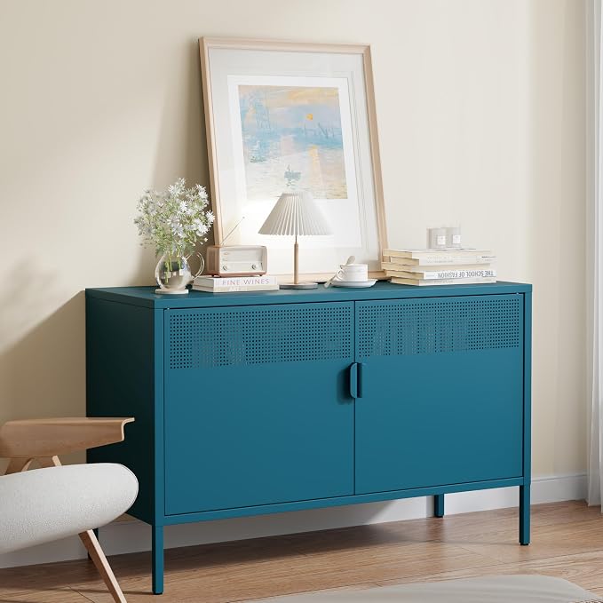 Metal Storage Cabinet with 2 Doors & Adjustable Shelves, Blue | 25"H Accent Cabinet, Metal Locker Storage Cabinets, TV Stand Cabinet for Home, Office, Living Room, Entryway