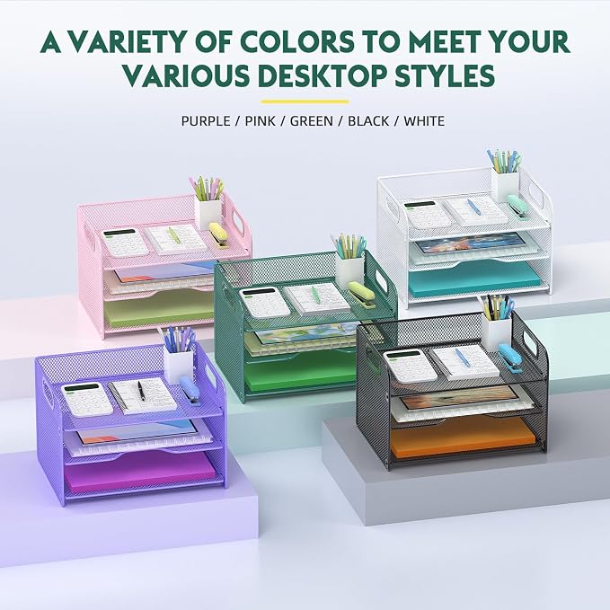 Samstar 3 Tier Green Letter Tray Paper Organizer with Handle, Mesh Desk Organizer Paper Sorter File Rack Shelves, Green