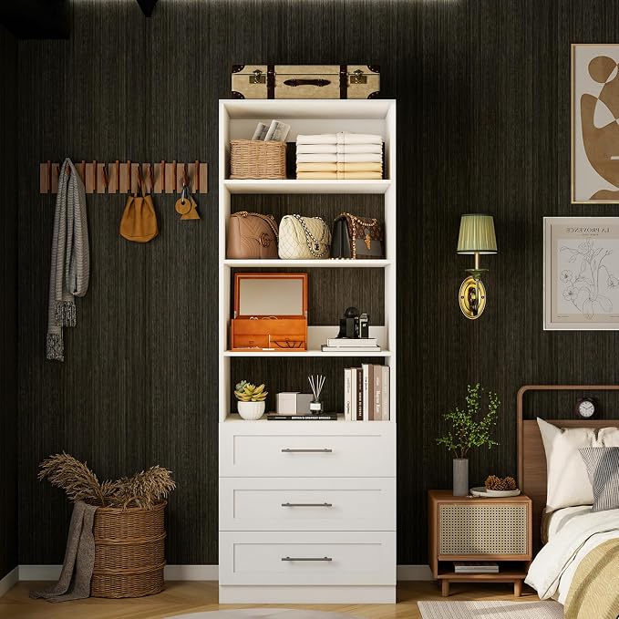 Closet System with 9 Drawers & 12 Shelves, Wood Closet Organizer System with 3 Extra Hanging Rod for Walk in Closet, Modular Closet Organizer System White(6FT)