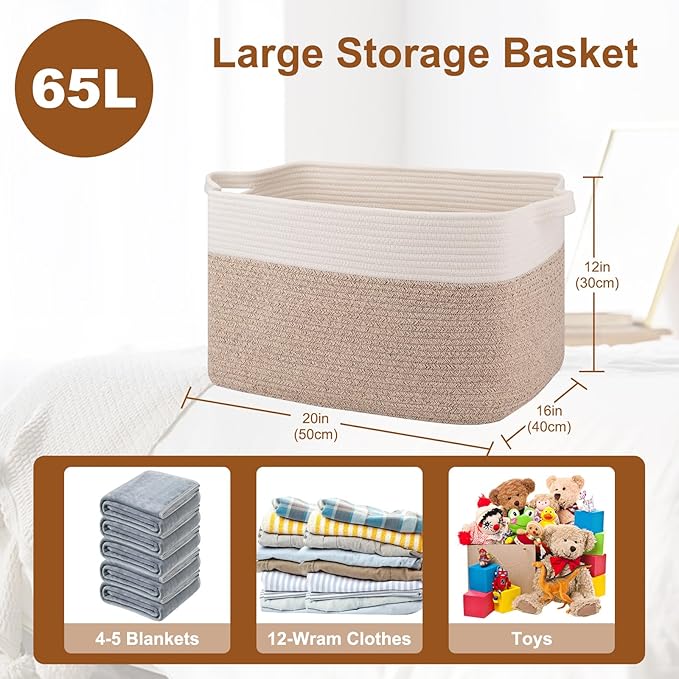 OIASKET Blanket Basket for Living Room, Cotton Rope Basket for Storage, Toy Baskets Bin for kids, Woven Baskets with Handles for Clothes, Towels, Pillows, 20" x 16" x 12", Brown and White