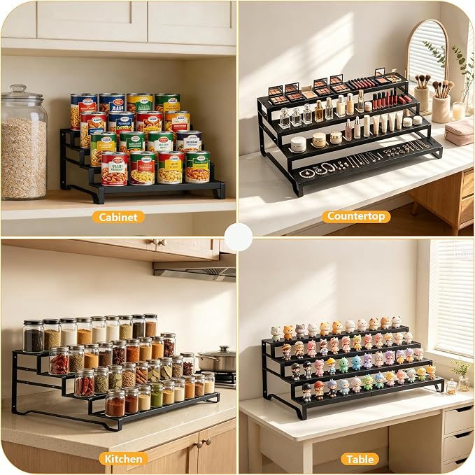 Expandable Can Organizer for Pantry, 4 Tier Metal Canned Food Storage 2Pack | 13"-21" Adjustable Length, Tiered Reversible Shelf Design, Large-Capacity Storage for Kitchen Cabinets & Countertops