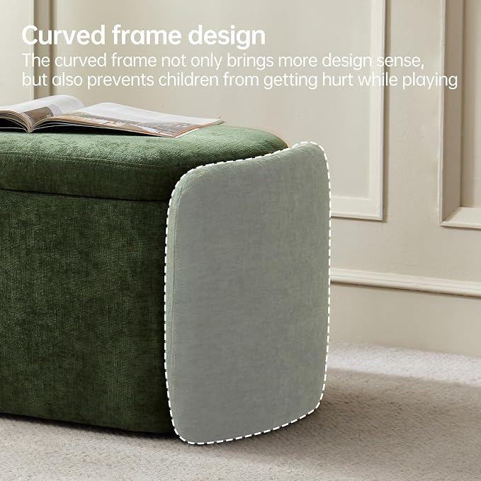 VKNOW Storage Bench, Upholstered Storage Ottoman Bench with Hinge, Green | Ottoman Bench with Large Capacity, Curved Frame, Soft Fabric, Storage Bench for Bedroom, Living Room, Entryway, Window