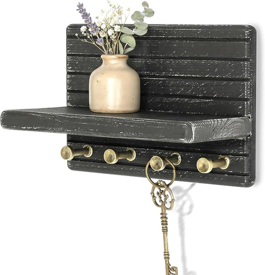 Rebee Vision Key Holder Wall Mount with Shelf for Home Decor, Old Black | Pine Wood, Key Holder for Wall, 4 Key Hooks, Mini Floating Shelf, Apartment Essential, Kitchen Storage, Apartment Essential