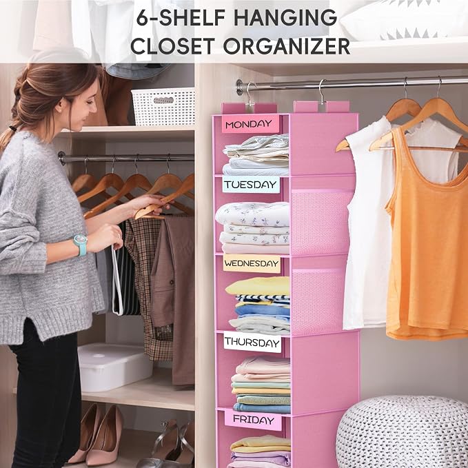 Weekly Hanging Closet Organizer for Kids, 6-Shelf Clothes Storage with Labeled Days of The Week Monday Through Friday, Weekday and Weekend, Days of the Week Clothes Organizer