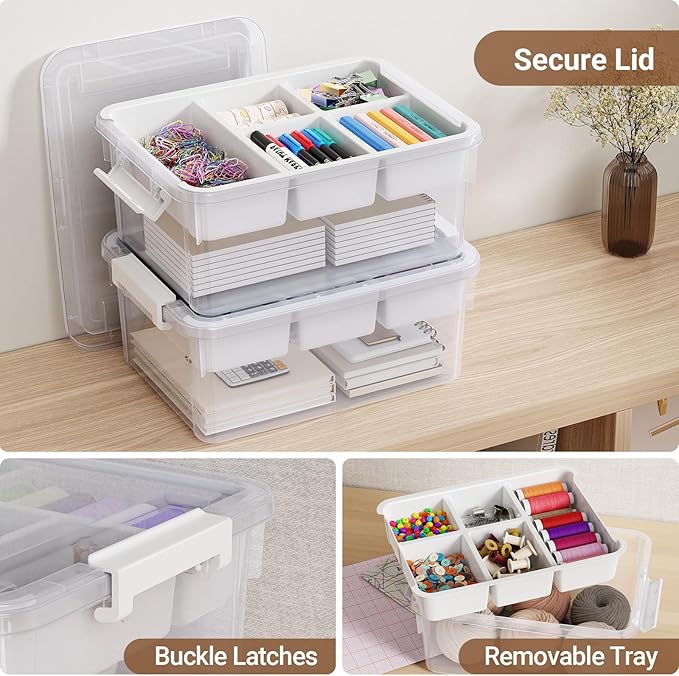 80Qt Stackable Storage Bins with Lids Trays Craft Box Organizers, 4Pack,WH | Clear Plastic Latching Boxes Organizers with Dividers Portable Containers for Arts & Crafts, Home Office Classroom Car Trunk