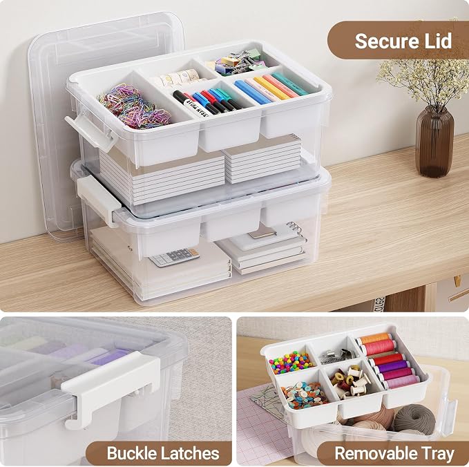 20Qt Stackable Storage Bin with Lid Tray Craft Box Organizer, 1Pack,WH | Clear Plastic Latching Boxes Organizers with Dividers Portable Containers for Arts & Crafts, Home Office Classroom Car Trunk