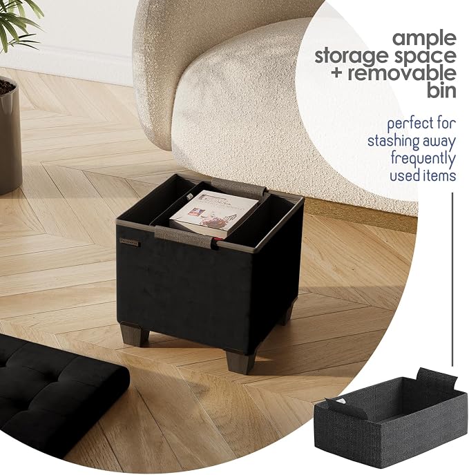 Storage Ottoman Cube with Small Bin, 15-in Square Ottoman with Storage for Living Room and Bedroom, Small Ottomans Foot Rest, Velvet Foot Stools Ottomans Max 330lbs, Black