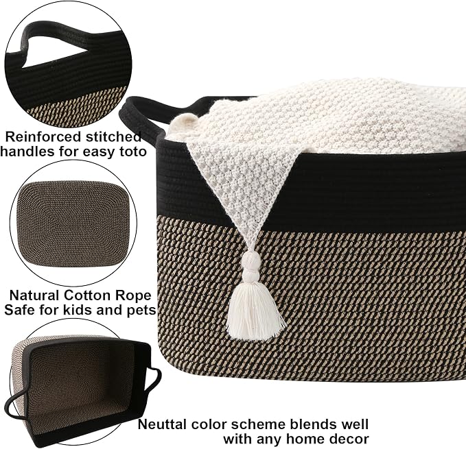 65L Collapsible Woven Rope Laundry Basket with Handles,Black/Jute | 21x16x12 Foldable Rectangular Blanket Basket for Toys, Clothes & Pillows,Ideal for Nursery, Bathroom, Bedroom, Living Room