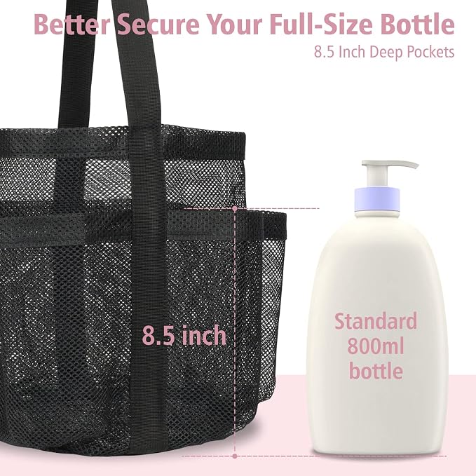 Mesh Shower Caddy Portable - 7 Pockets Large Shower Bag for Dorm, Camping | S-Hook, Quick-Dry, Hanging Toiletry Organizer, College Dorm Room Essentials for Girls, Gym, Travel & Bathroom, Black