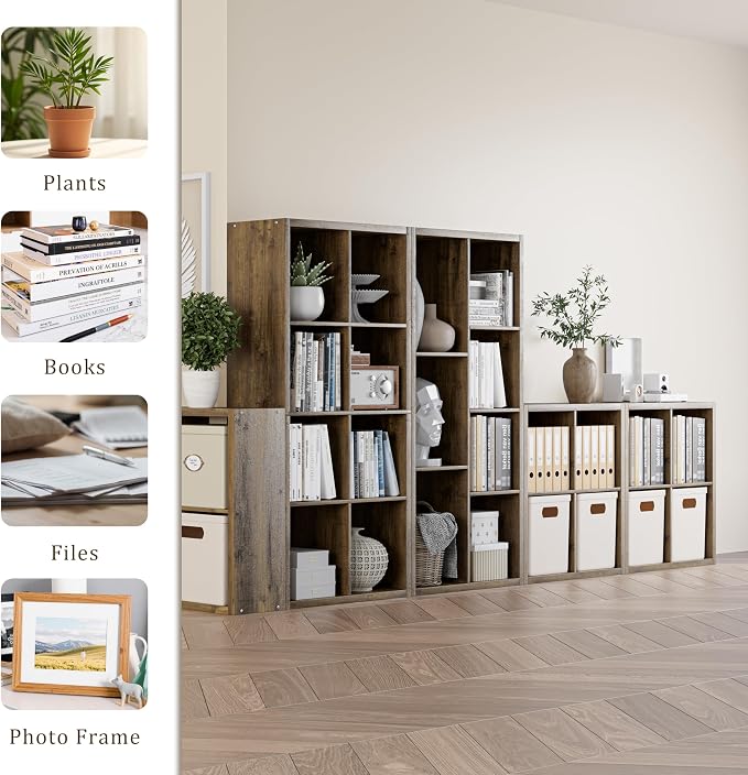 VDNEND Cube Storage Organizer Bookcase, Decorative 11 inch Open Back Cubical Shelf with Thickened Border, Display Bookshelf for Living Room, Home Office, Sturdy Room (Brown, 4 Cube)
