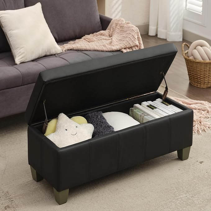 41" Storage Ottoman, Storage Bench with Safety Hinge, Upholstered Synthetic Leather Ottoman Bench for Bedroom, Living Room, Entryway, Hallway, Foot Rest, Support 500lbs, Black