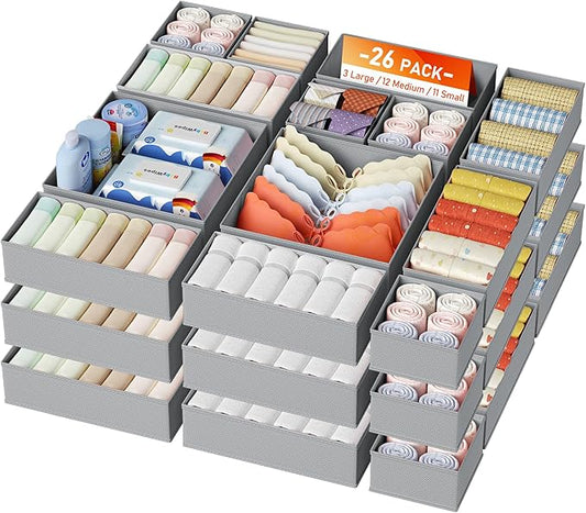 DIMJ Drawer Organizer Clothes, 26Pack Dresser Organizer, Foldable Closet Organizers and Storage, Fabric Dresser Bins, Drawer Dividers for Nursery, Baby Clothes, Underwears, Sock,Gray