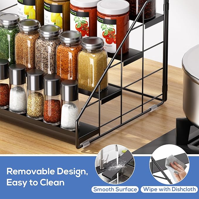 Spice Rack Organizer for Cabinet, 4 Tiered Spice Rack Organizer, Tiered Adjustable Spice Shelf for Kitchen Countertop Organization, Bright Black