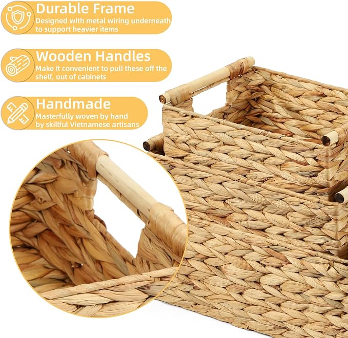 Wicker Storage Baskets for Organizing 3 Pack,Natural Water Hyacinth Ratten Baskets with Wooden Handles, Decorative Handwoven Storage Baskets for Shelves, Bathroom, Pantry or Kitchen