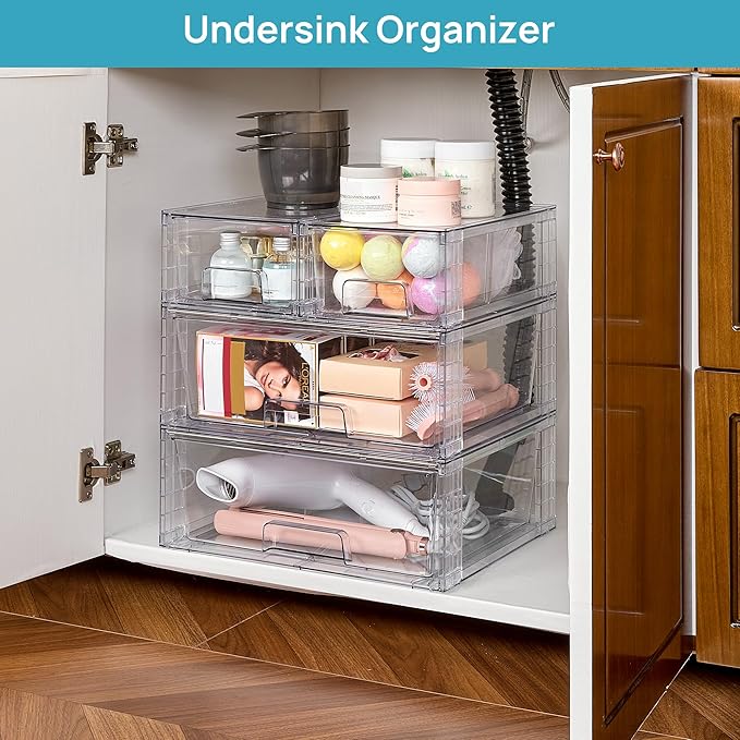 Vtopmart Clear Stackable Storage Drawers, 3 Pack Wide Organizer Set | Wide and Small Pull-Out PET Drawers with Stackable Design for Bathroom Organization, Cabinets, Closets, Pantry and Medicine