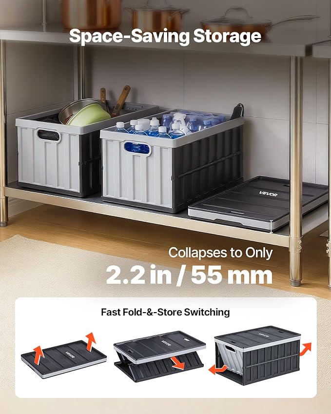VEVOR Plastic Collapsible Storage Bins with Lids, 65L 2 Packs, Stackable Folding Storage Crates with Handles, Holds 84 lbs Per Bin, Heavy Duty Containers, Space-Saving Baskets, for Home Organizing