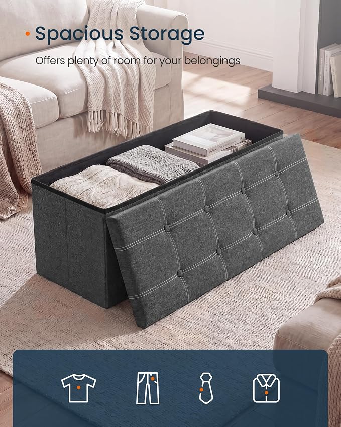 SONGMICS Home Storage Ottoman, 35 Gallons End of Bed Bench, 15.2 x 43.2 x 15.2 Inches, for Bedroom, Entryway, Living Room, Dark Gray