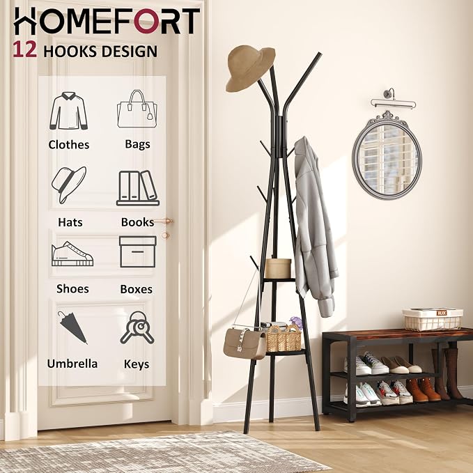 HOMEFORT Coat Rack, Coat Hanger Stand with 2 Shelves, Freestanding Hall Tree, Metal Hat Hanger with 12 Hooks for Clothes Hats and Scarves (Black)