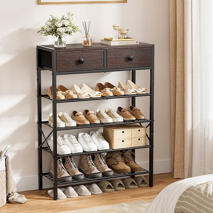 5 Tier Shoe Rack with 2 Drawers, 16-20 Pairs Dark Brown | Holds 16-20 pairs. 2 drawers for socks/keys. Removable layer for boots. Anti-tip kit included. Quick assembly.