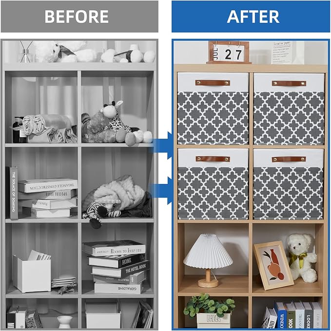 Temary Cube Storage Bins 13x13 - 4 Pack Cube Storage Bins for Shelf with Handles (Grey Lattice)