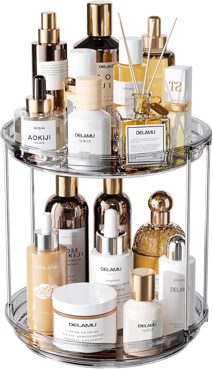 Delamu 2 Tier Rotating Makeup Organizer for Vanity, Skincare Organizer for Bathroom Counter, Spinning Perfume Organizer Cosmetic Holder with Large Capacity, Grey