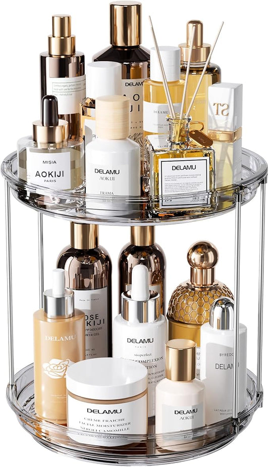 Delamu 2 Tier Rotating Makeup Organizer for Vanity, Skincare Organizer for Bathroom Counter, Spinning Perfume Organizer Cosmetic Holder with Large Capacity, Grey