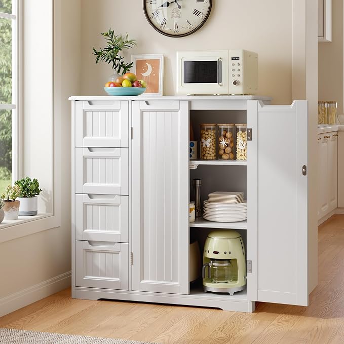 Gizoon Storage Cabinet, Bathroom Storage Cabinet with 4 Drawers & 2 Doors | Freestanding Floor Cabinet with Adjustable Shelf, Ample Storage Space for Bathroom, Kitchen, Living Room, Entryway, White